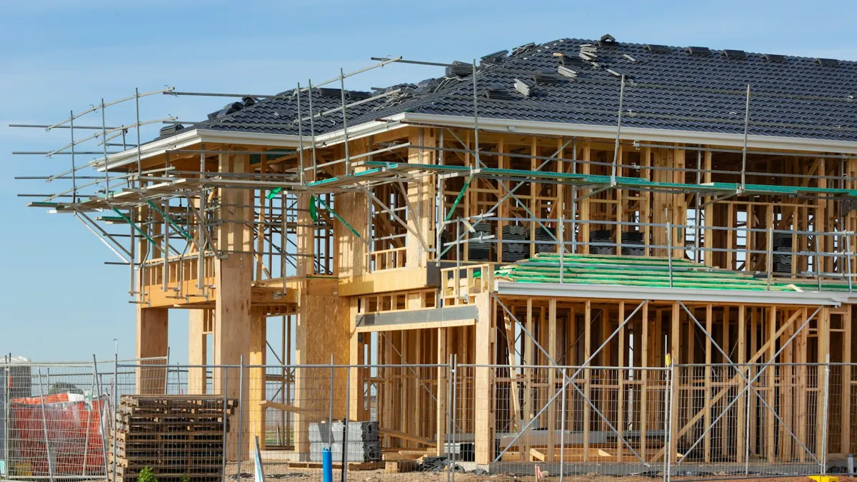 Two-story framed addition with scaffolding and shingled roof